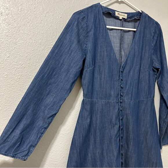 Madewell Chambray Dress Women Size 2 Blue Button Front V Neck Long Sleeve - Picture 5 of 8